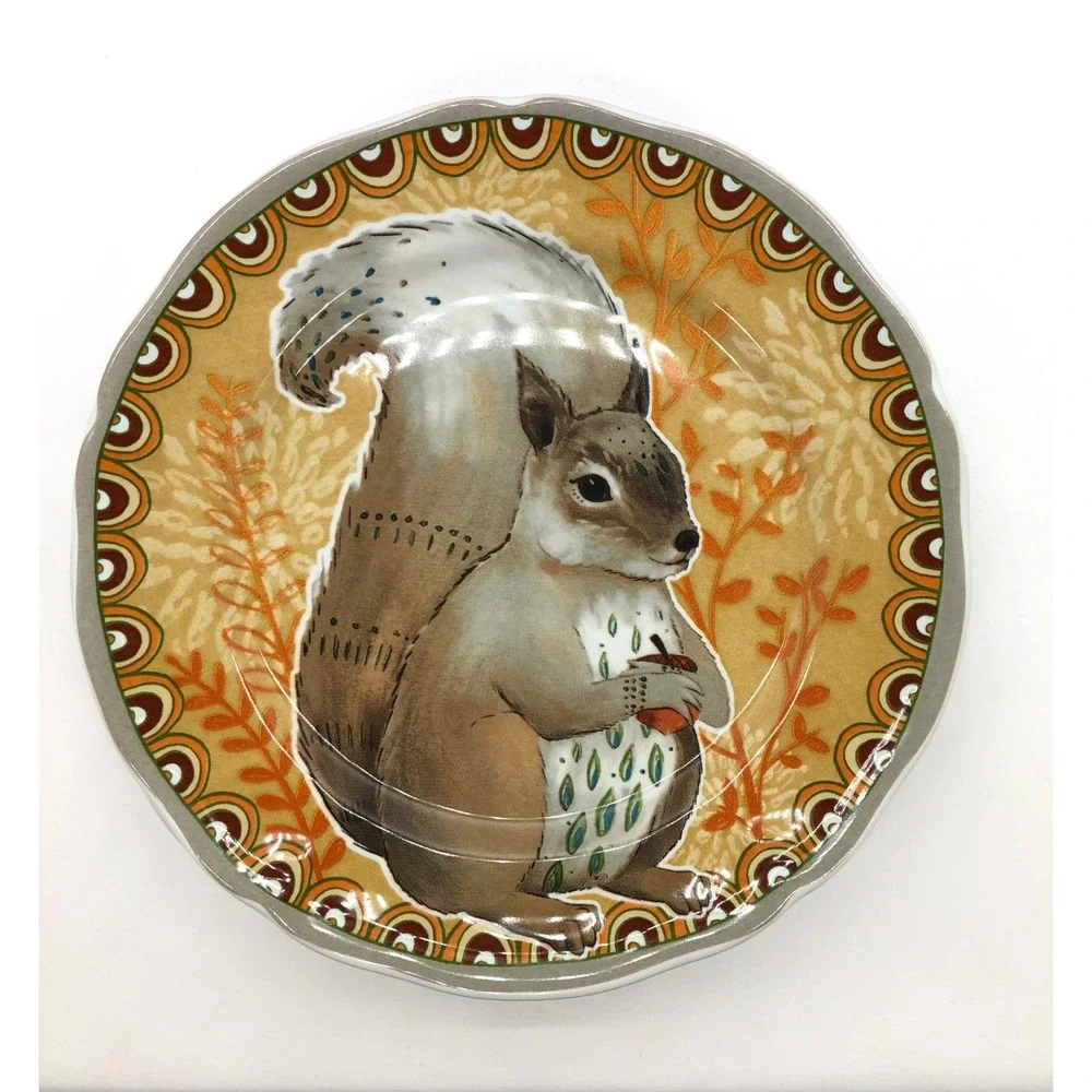 Pier 1 Imports Autumn Splendor Critters Owl Squirrel Salad Plates Set of 2 Teal